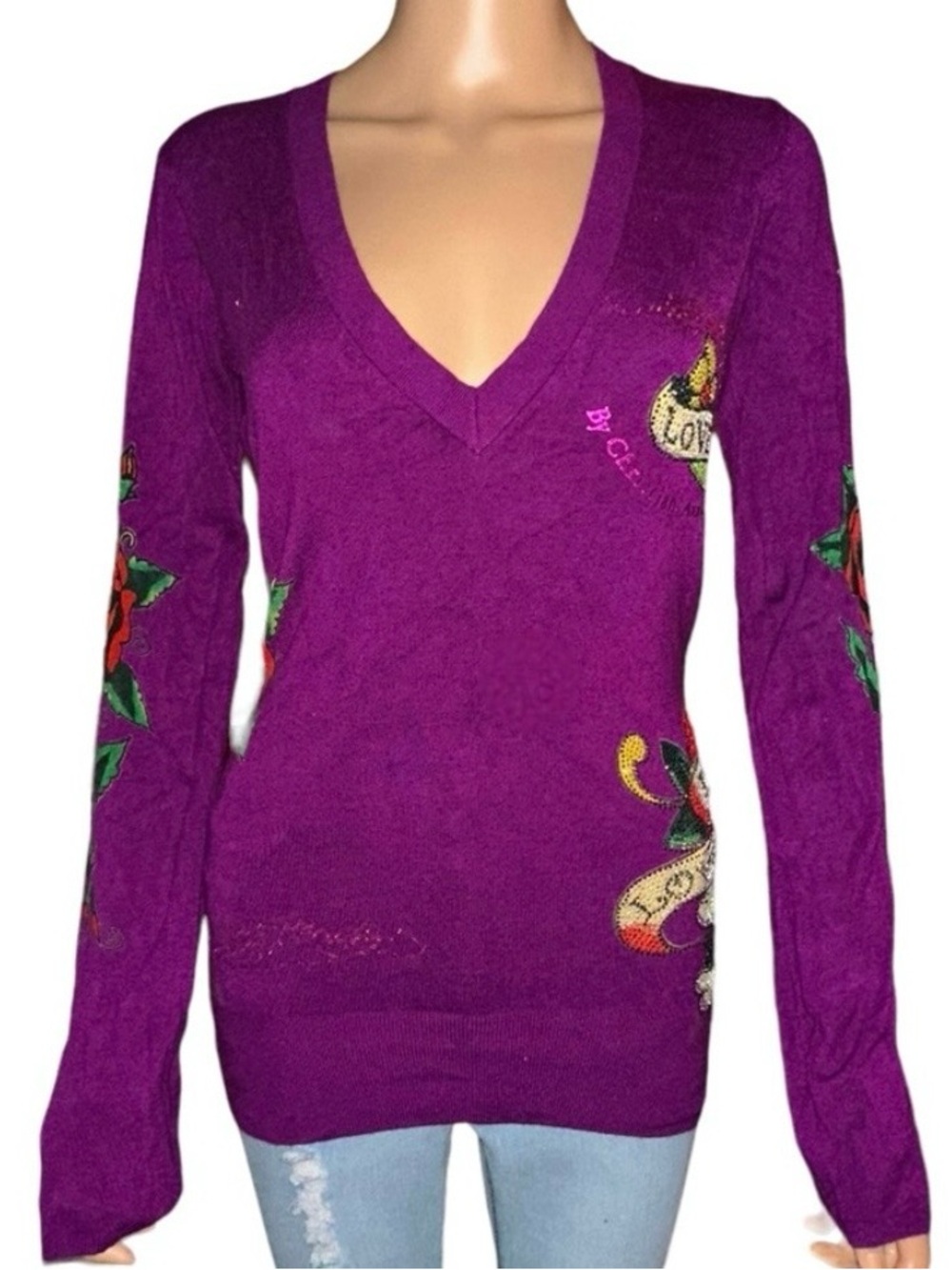 Ed Hardy rhinestone hearts and skull V neck sweater
